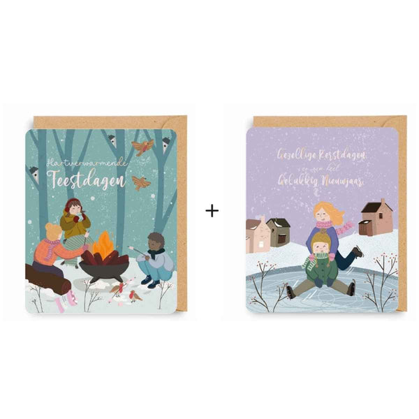 Enfant Terrible COSY CHRISTMAS Doosje met 8 Kerstkaarten in 2 designs, Kampvuur & Ijsschaatsen