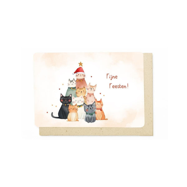 Enfant Terrible DAYDREAM Set van 5 identieke Kerstkaartjes met een Kerstboom van Katten, Fijne Feesten!