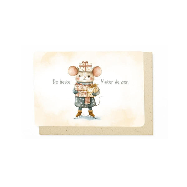 Enfant Terrible DAYDREAM Set van 5 identieke Kerstkaartjes met een Muis, De beste Winter Wensen