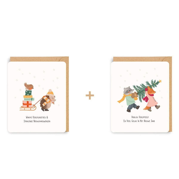 Enfant Terrible LITTLE STORIES Doosje met 8 Kerstkaarten in 2 designs, Egel met slee & Wasbeer en Vos