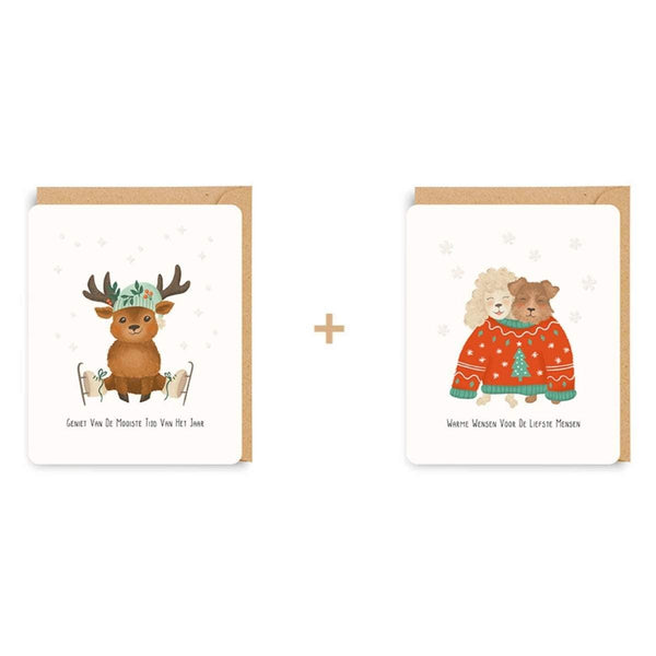 Enfant Terrible LITTLE STORIES Doosje met 8 Kerstkaarten in 2 designs, Hertje & Hondjes in Kersttrui