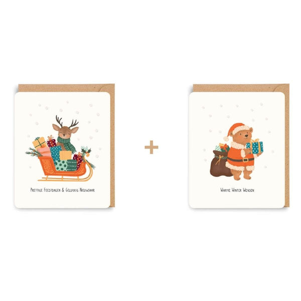 Enfant Terrible LITTLE STORIES Doosje met 8 Kerstkaarten in 2 designs, Hertje op slee & Beer in Kerstmanpak