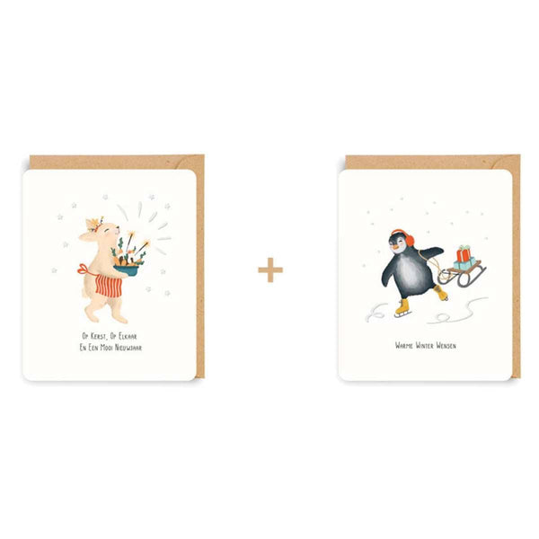 Enfant Terrible LITTLE STORIES Doosje met 8 Kerstkaarten in 2 designs, Konijn & Pinguin