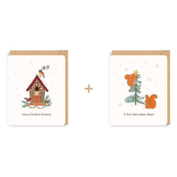 Enfant Terrible LITTLE STORIES Doosje met 8 Kerstkaarten in 2 designs, Vogelhuisje & Eekhoorns