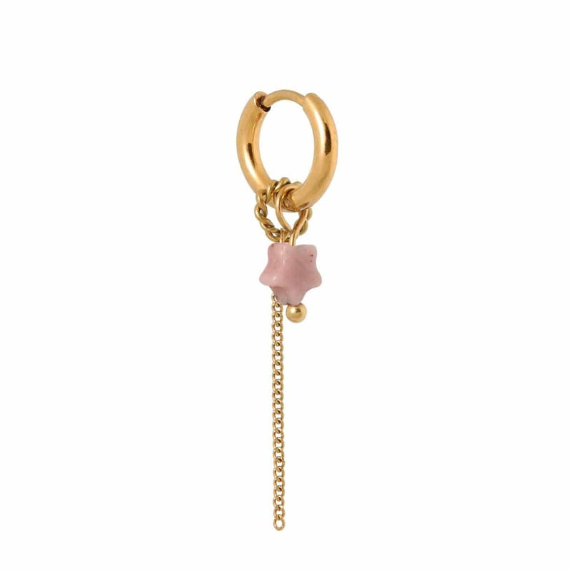 Label Kiki Gouden Oorring met ketting en oudroze sterretje, Chain Pink Star - Per stuk