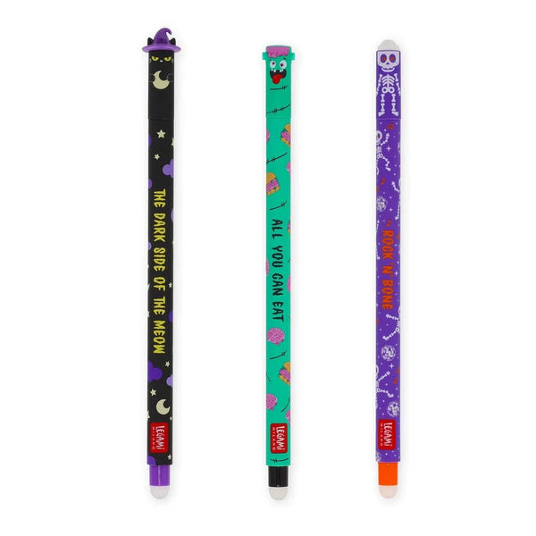Legami HALLOWEEN Erasable Gel Pens - Set van 3, The Boo Crew - Zombie + Skeleton + Kitty Witch