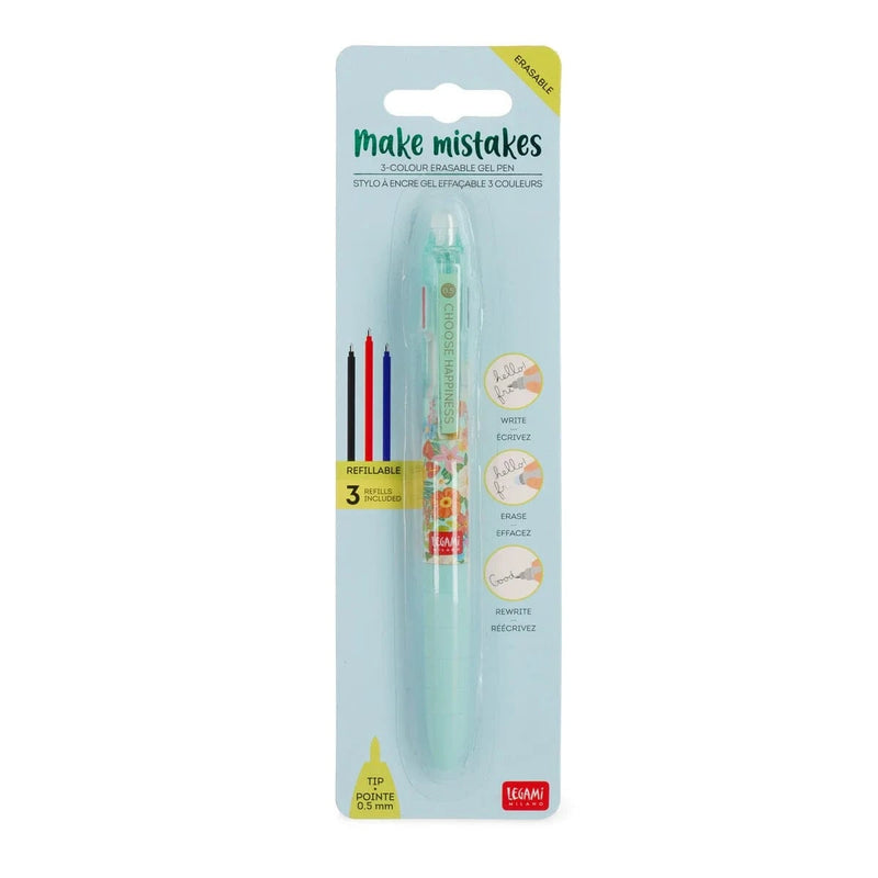 Legami MAKE MISTAKES Erasable Gel Pen met 3 kleuren, Happy Flowers
