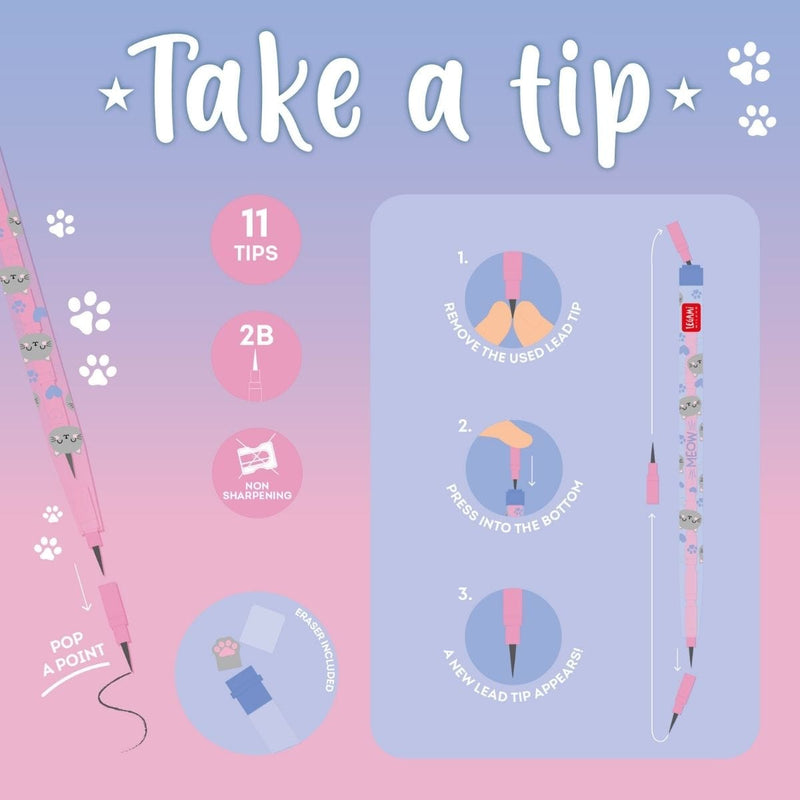 Legami TAKE A TIP Stapelpotlood met gommetje, Kitty