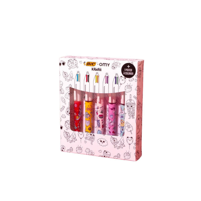 OMY OMY x BIC Set van 5 balpennen met 4 kleuren, Kawaii