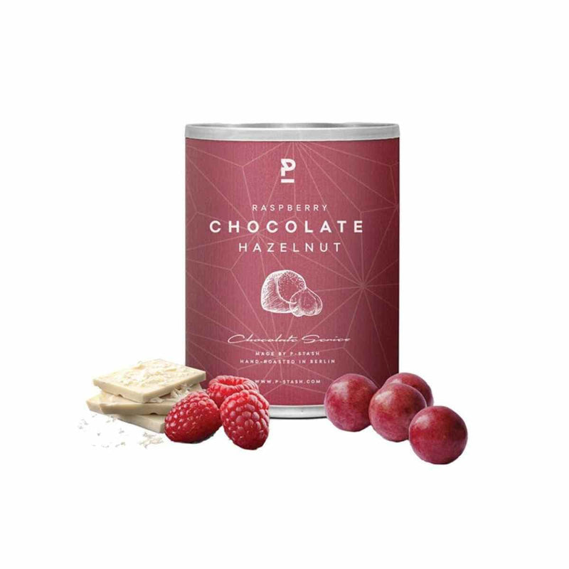 P-Stash Hazelnoten, Witte chocolade & framboos 60g